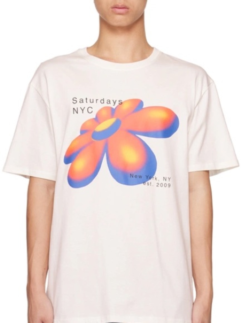 Saturdays NYC White Tee with Orange and Blue Flower Graphic